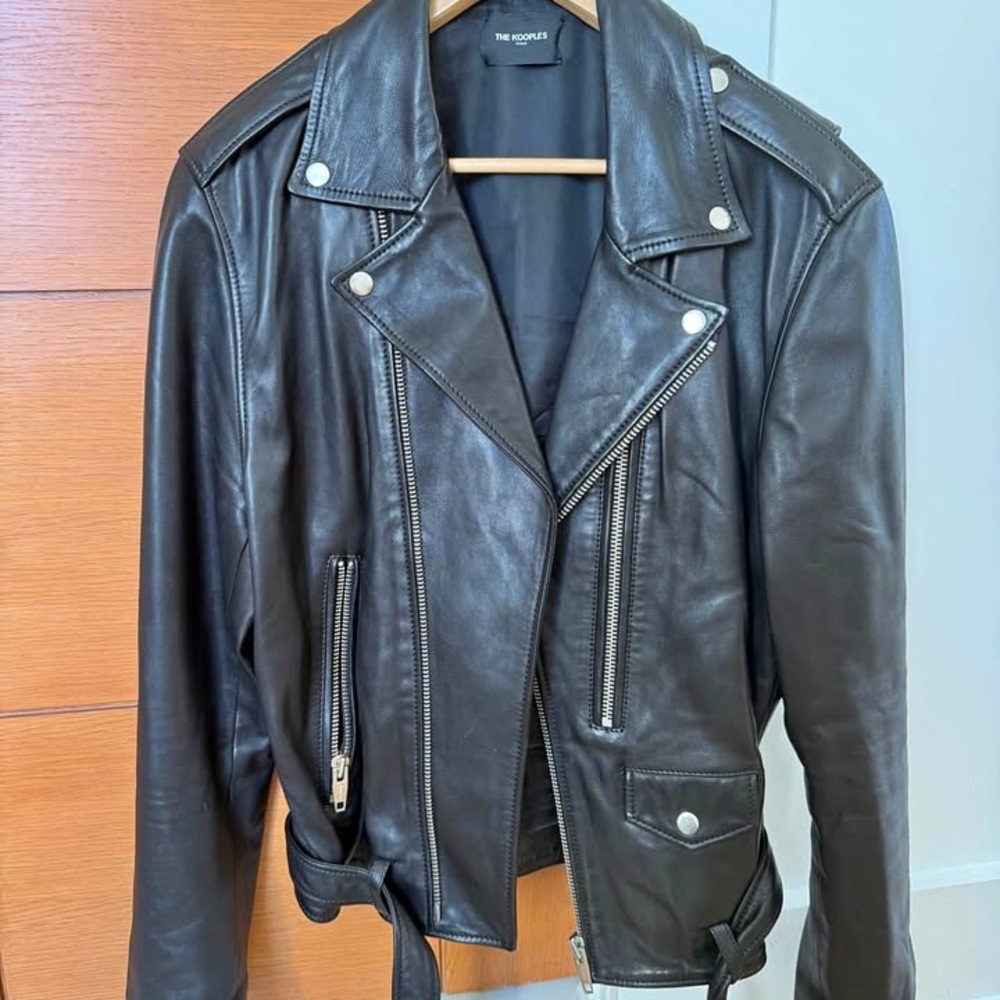 The Kooples Men’s Black Leather Biker Belted Jacket
